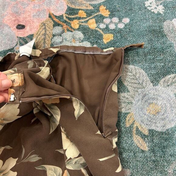 Vintage Silk Maxi A-Line Skirt Womens Sz 8 Brown cream Floral Lined Midi Flowy - Picture 15 of 16